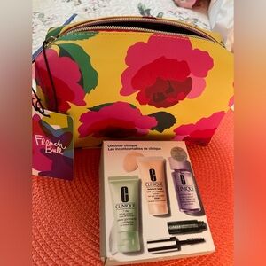 French Bull cosmetic case yellow pink floral with Clinique Mini gift set 7.5x6.5